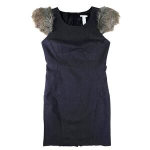 Gray Faux Fur Sleeve Midi Dress Womens L Charcoal Bodycon Winter Party Night Out